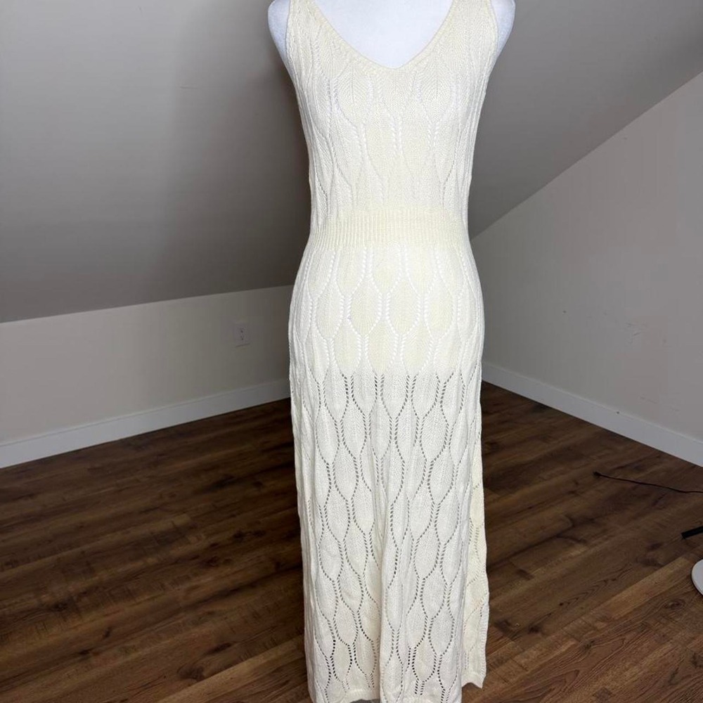 NWT Knit Mix Cream Open Knit Maxi Dress M Boho Coastal Crochet Style
